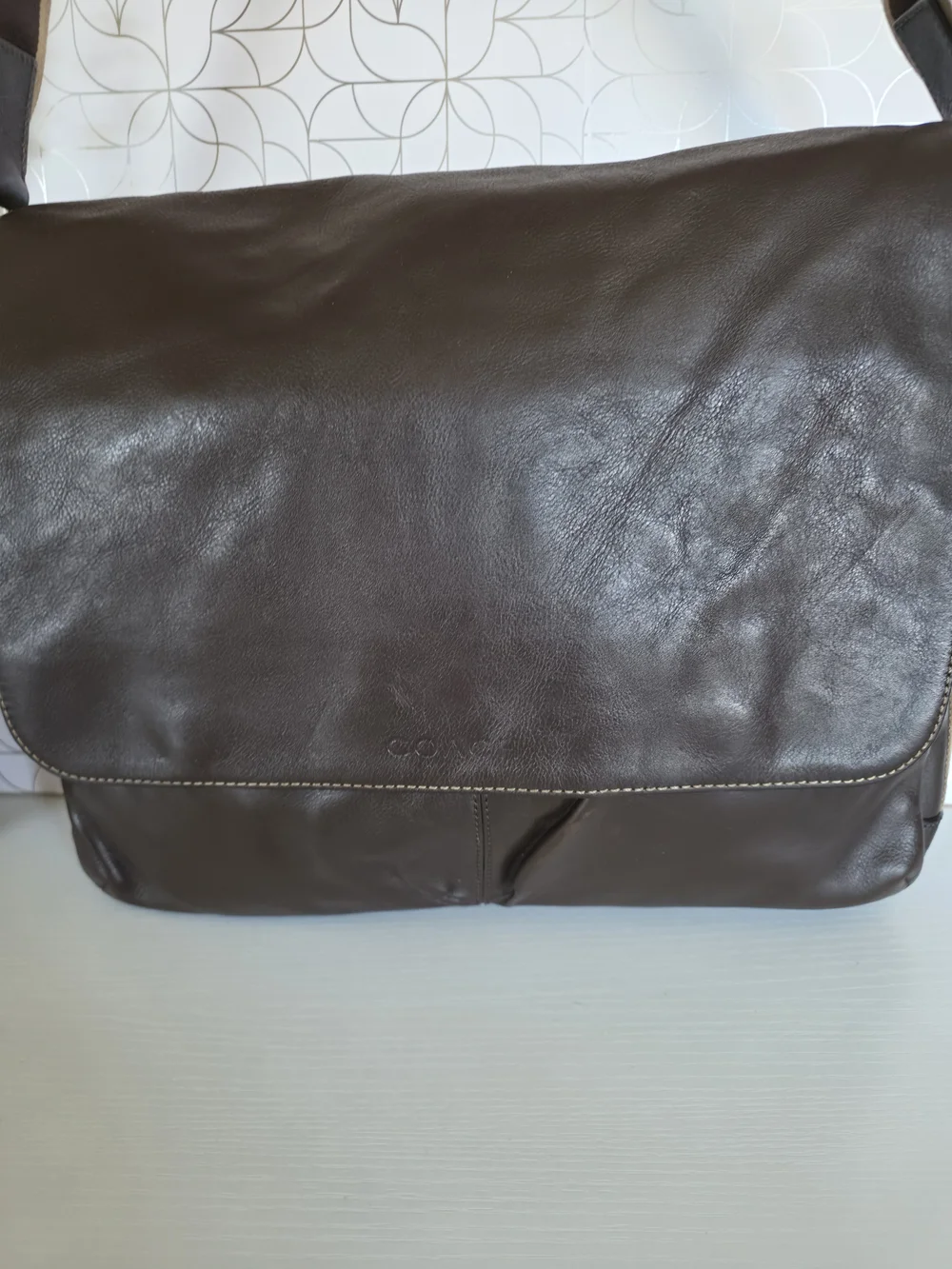 Coach Dark Brown Leather Messenger Bag with Striped Adjustable Strap